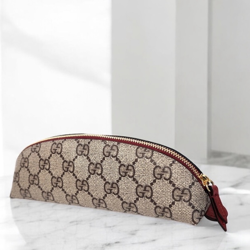 Gucci GG Supreme Canvas Cat Print Pouch Cosmetic Bag Monogram Brown Full Set - Picture 3 of 9